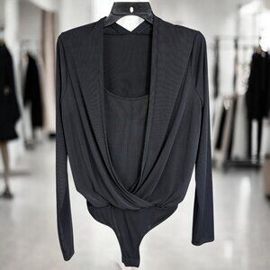 BCBGMAXAZRIA Black Surplice Wrap Long Sleeved Bodysuit